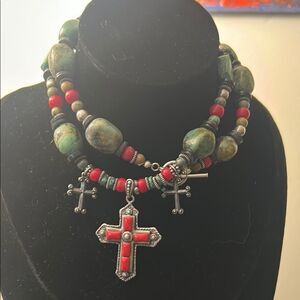 Bohemian Multi-Layer Necklace with Red and Green Beads